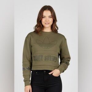 Adidas olive colored long sleeved cropped sweater, logo throughout, unique, S